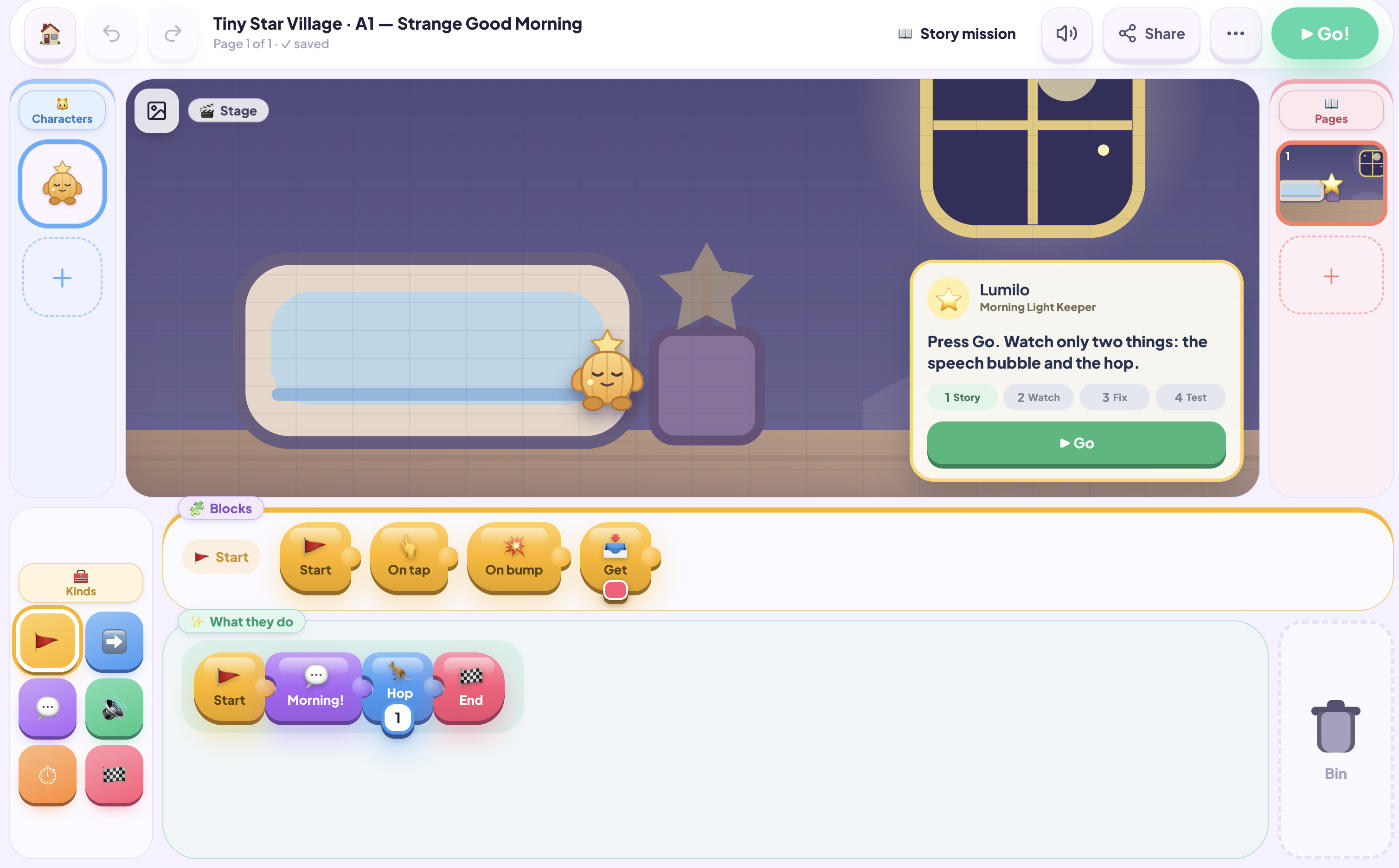 Tiny Star Village block programming mission inside Airbotix Story Blocks