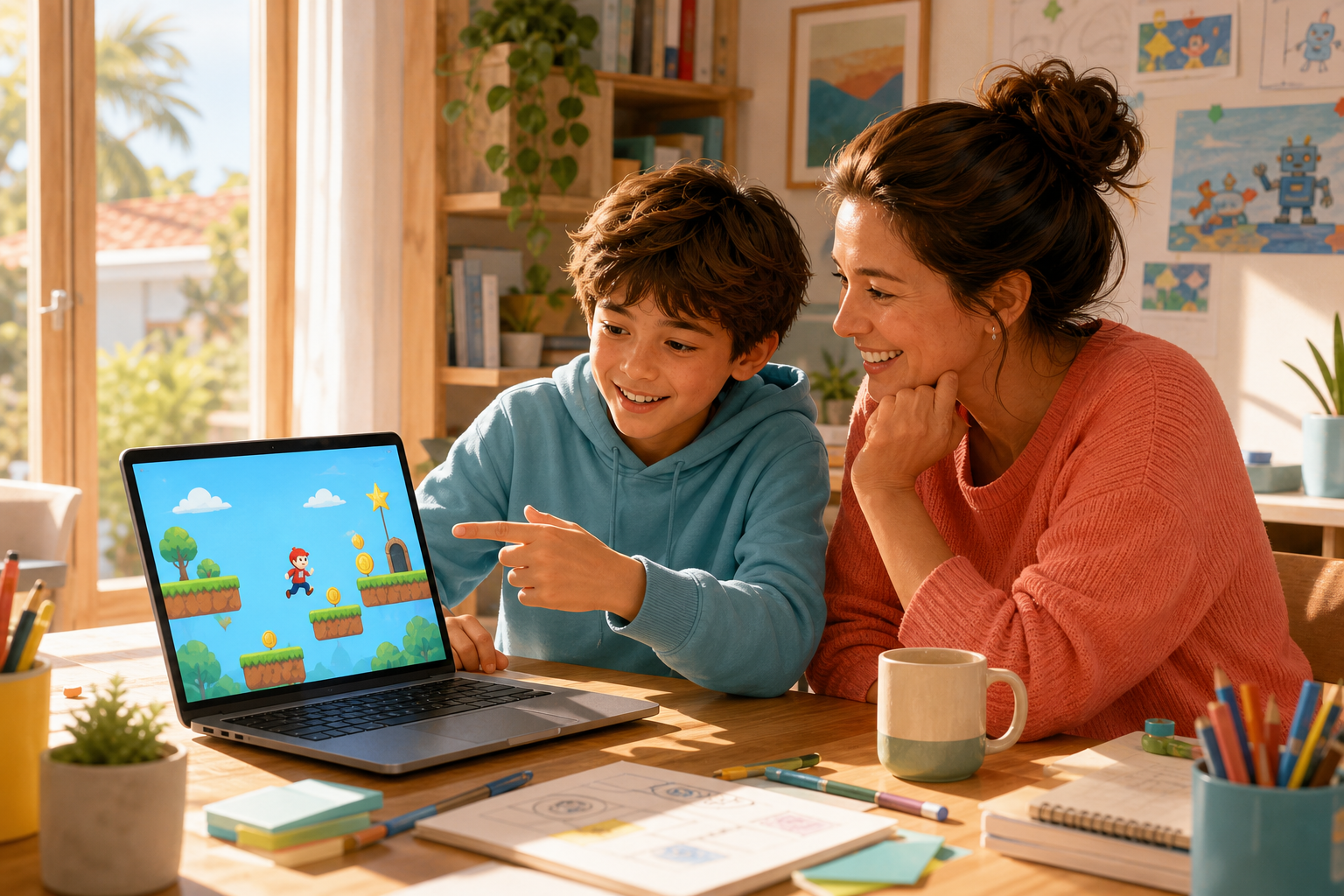 A child proudly showing a simple game they built to a parent after an AI coding session