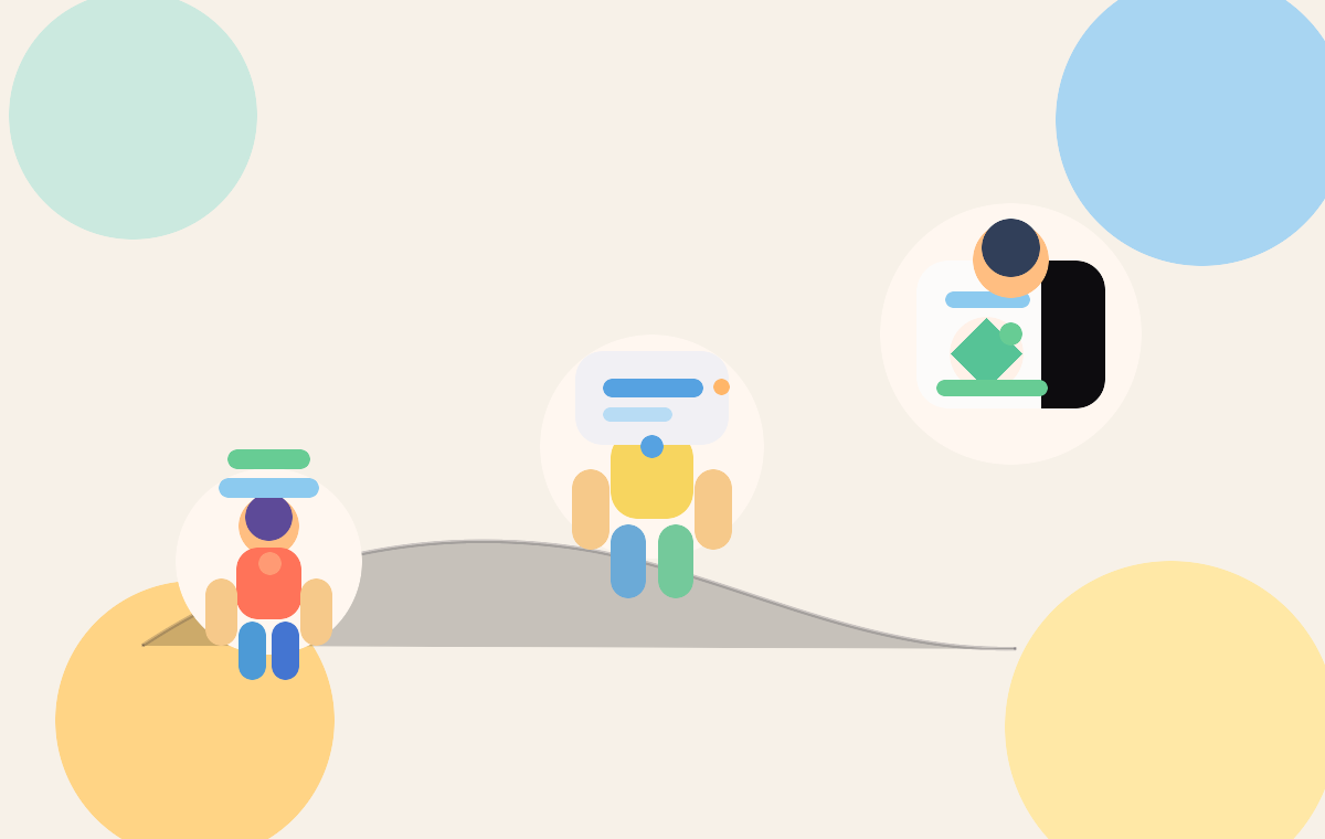 A bright three-stage illustration showing younger children starting with guided play, middle-primary children experimenting with simple AI-supported projects, and older children building a game with more independence
