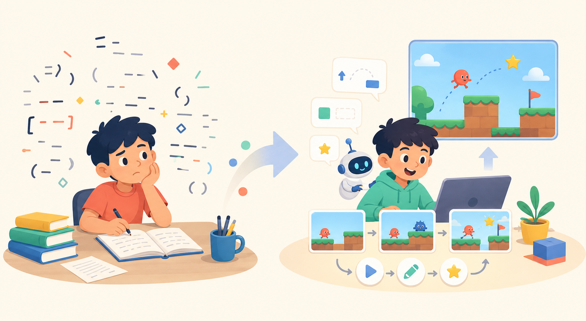 An educational illustration contrasting a child stuck memorising abstract syntax with a child confidently building and improving a simple platform game with AI coaching