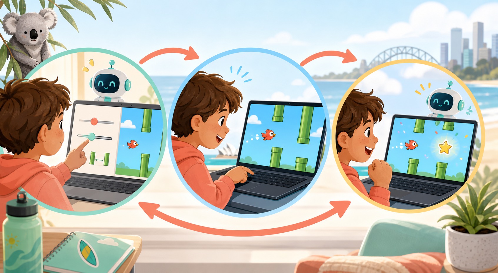 A bright illustration showing a child adjusting obstacle spacing, testing jump timing, and celebrating score feedback while building a Flappy Bird style game with AI support