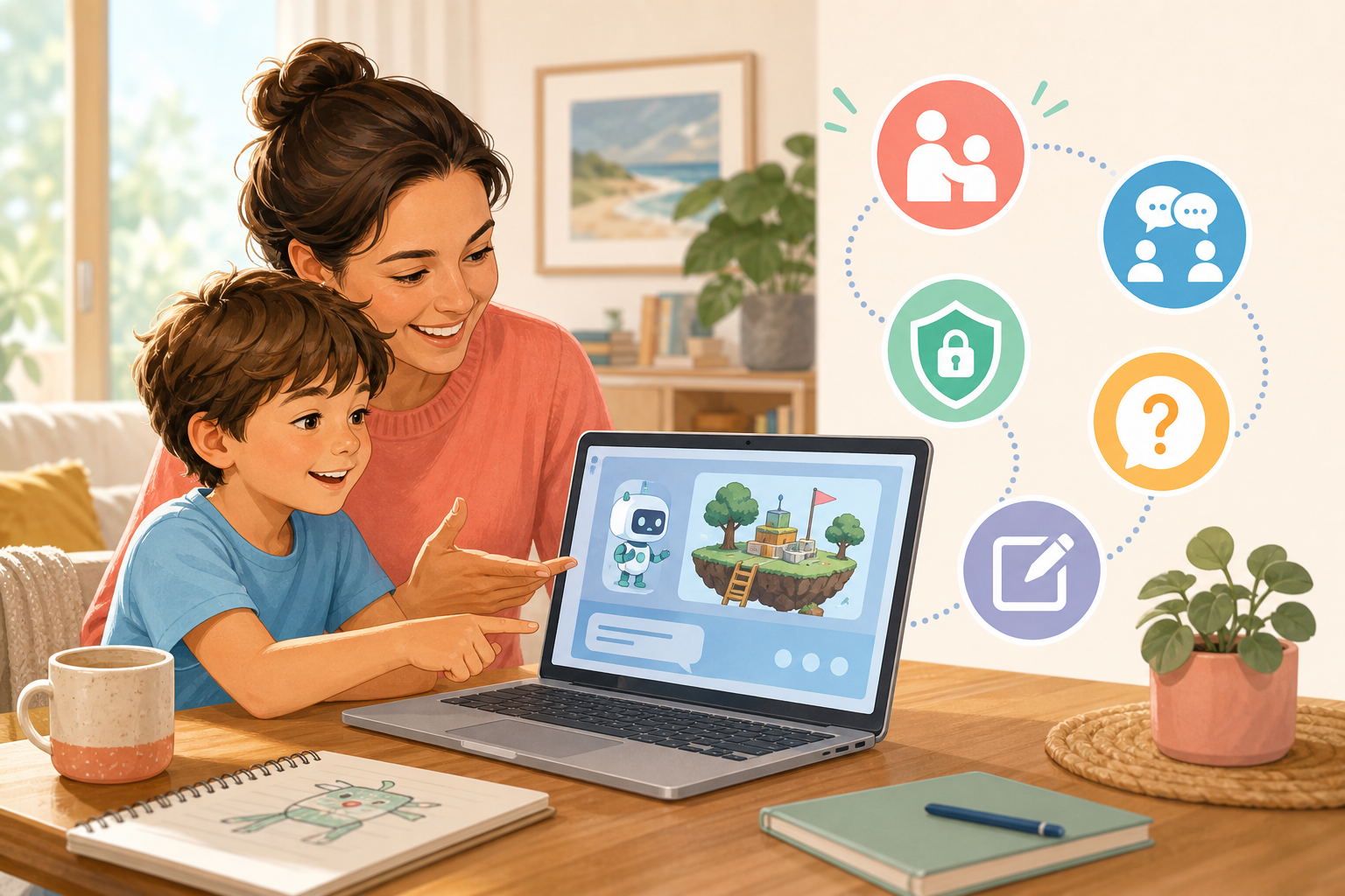 A parent and child using a laptop together with visual icons representing supervision, privacy, questions, discussion, and revision during a safe AI learning session