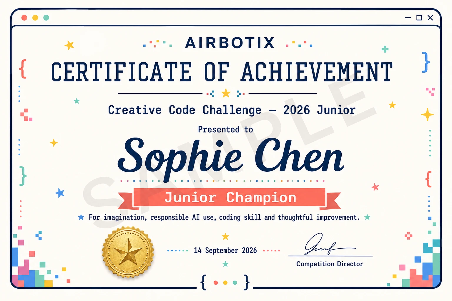 Sample Creative Code Challenge certificate for Sophie Chen, marked SAMPLE