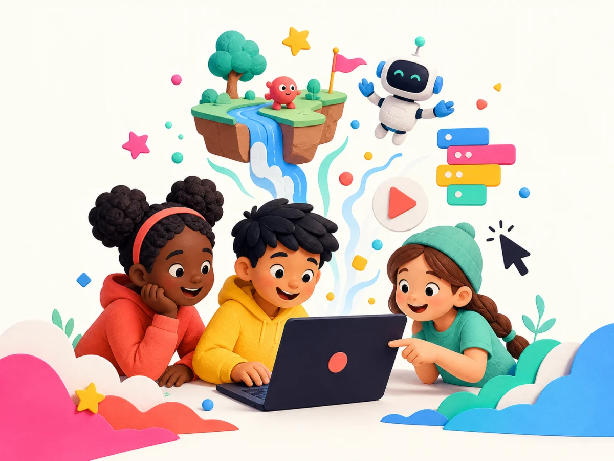 Three young creators building a playful browser project together