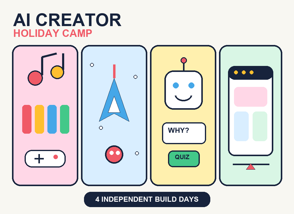 Four colourful creator stations showing a music game, space game, AI learning coach and HTML Slides