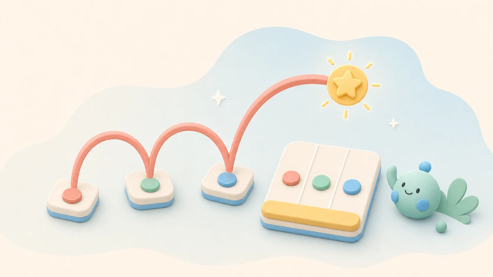 Three successful beats connect through a coral combo arc to a golden star token