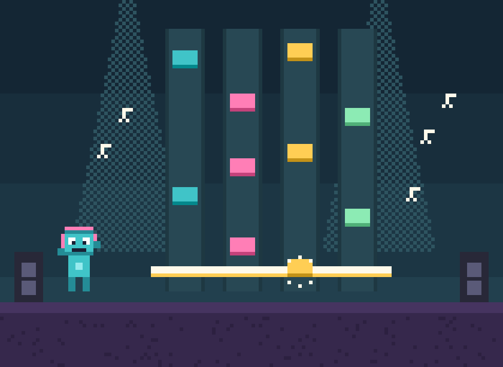 A retro rhythm game stage — notes falling toward a glowing hit line while a little robot performs
