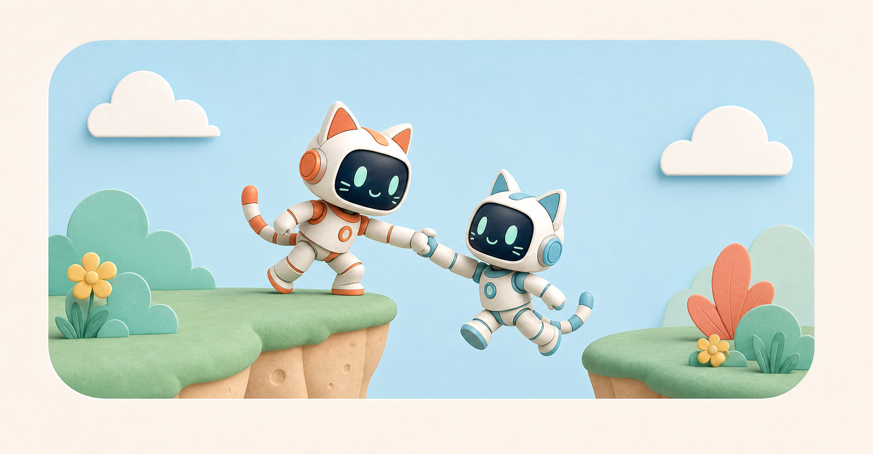 One robot-cat teammate reaches across a gap to rescue the other