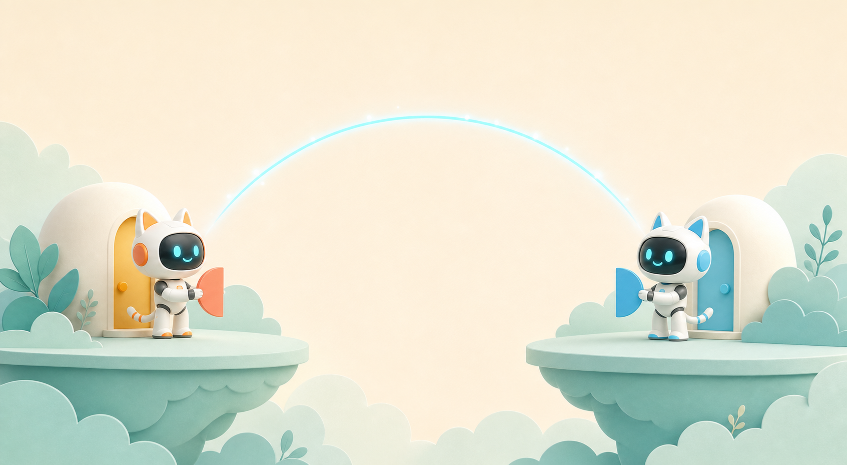 Two robot-cat friends connect private rooms across distant floating islands