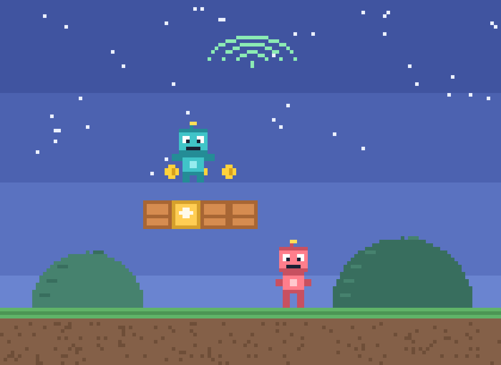 Two original heroes playing the same retro game level together online