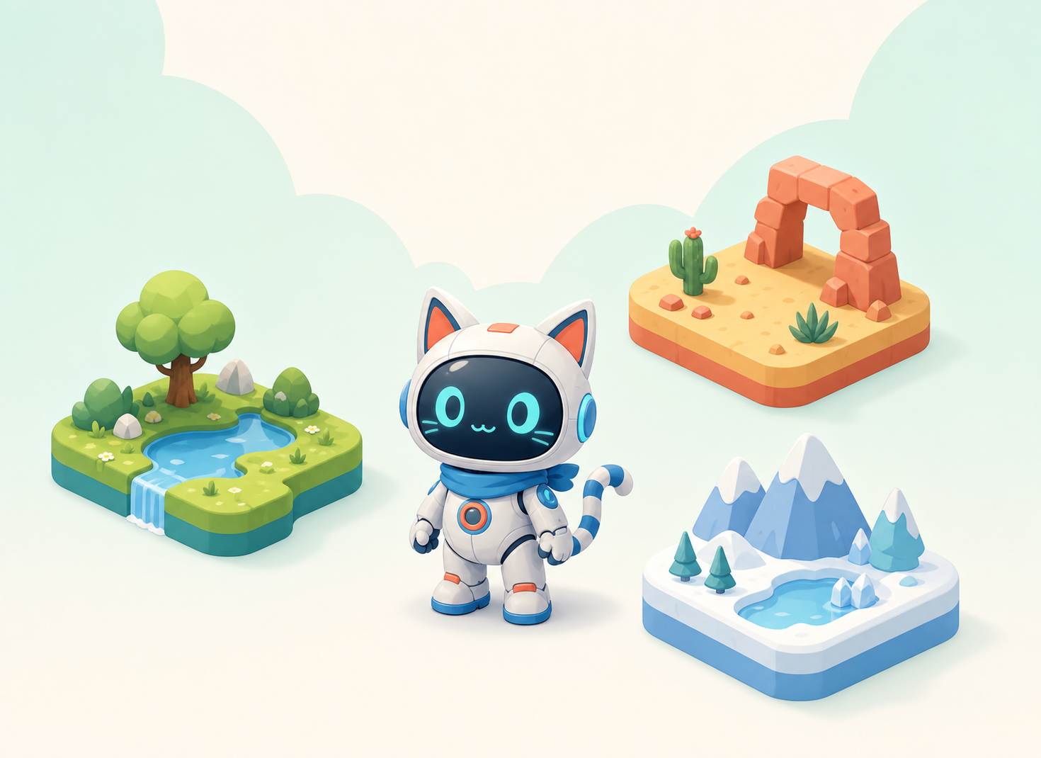 The course uses an original robot-cat hero and original world assets, not Nintendo characters or materials.