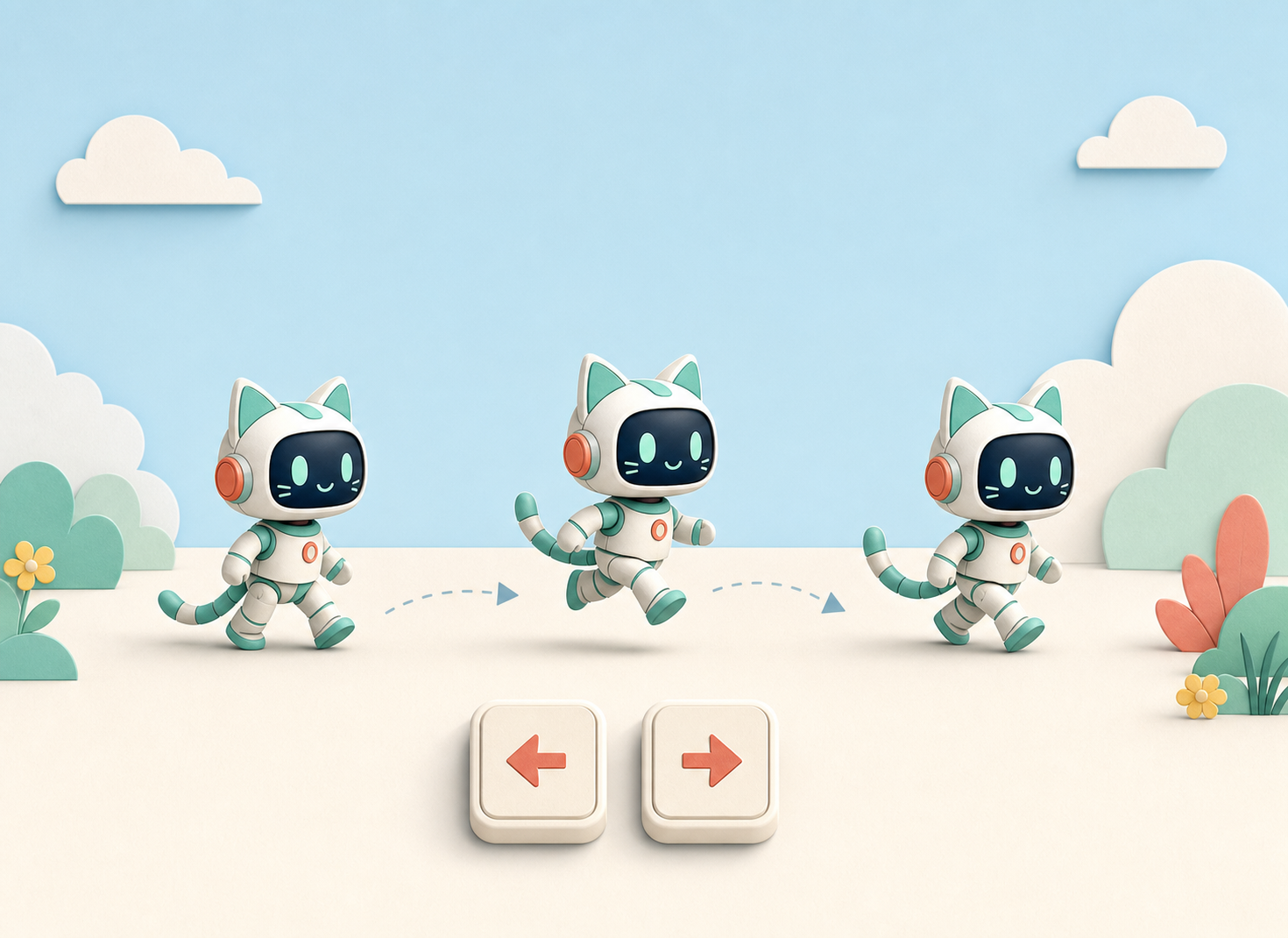 An original robot-cat shown in a sequence of movement poses.