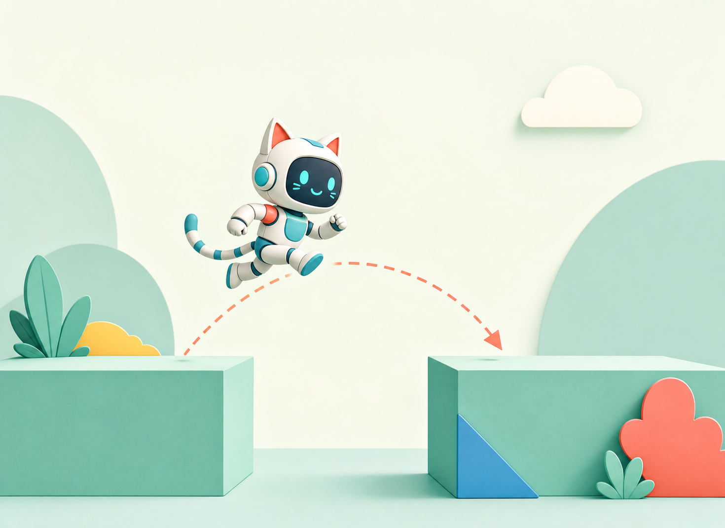 An original robot-cat following a jump arc over a gap.