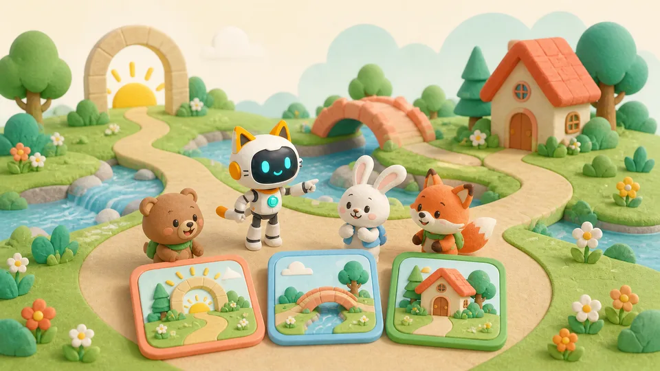 Robot and animal characters arranging story scenes along a path