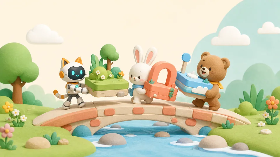 Robot and animal friends cooperating across a small bridge