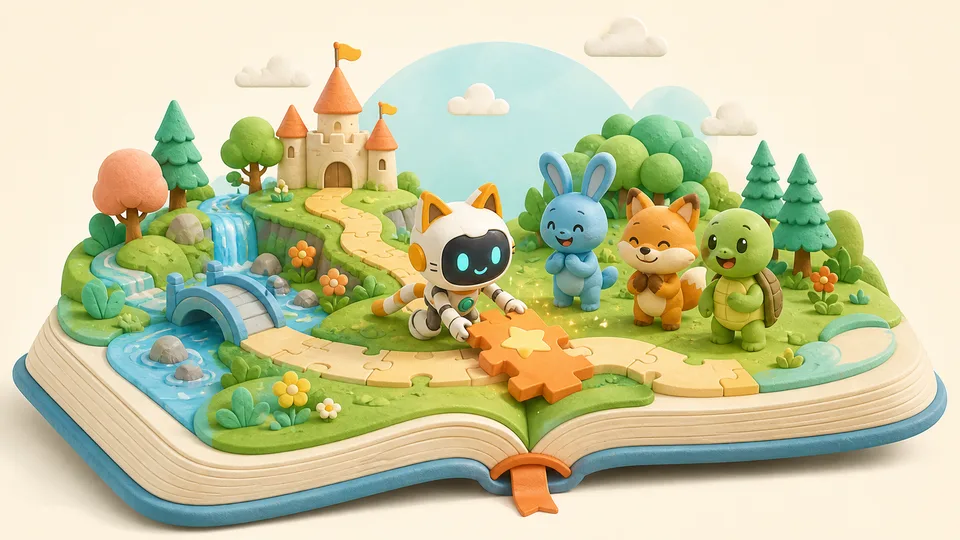 Robot completing a miniature story world inside an open book