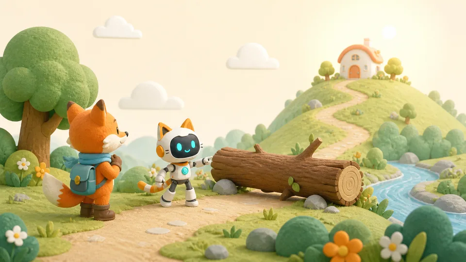 Robot helping a fox plan a route past an obstacle