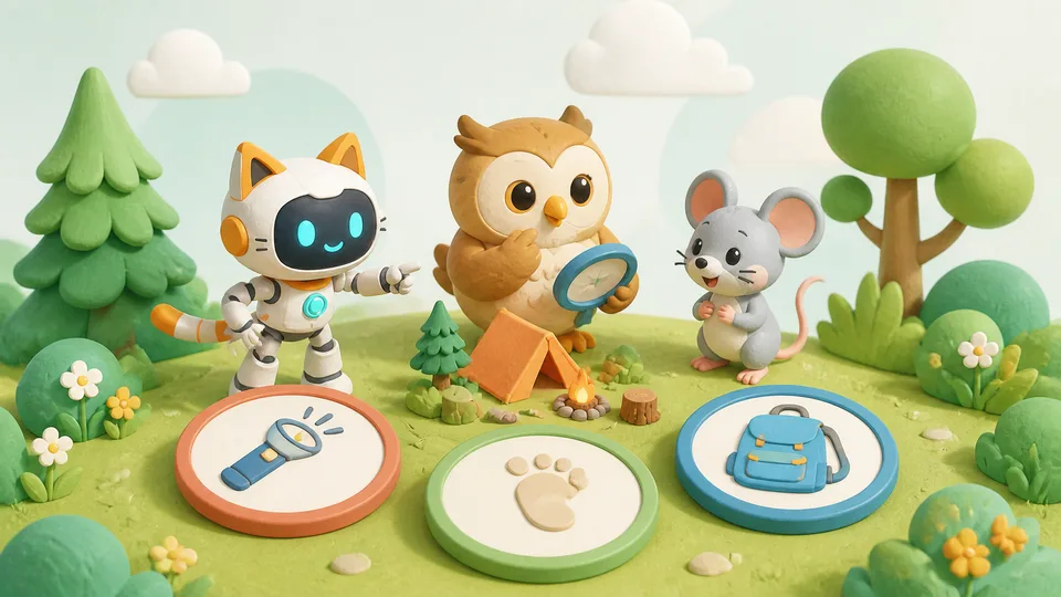 Robot, owl and mouse comparing clues in a woodland mystery
