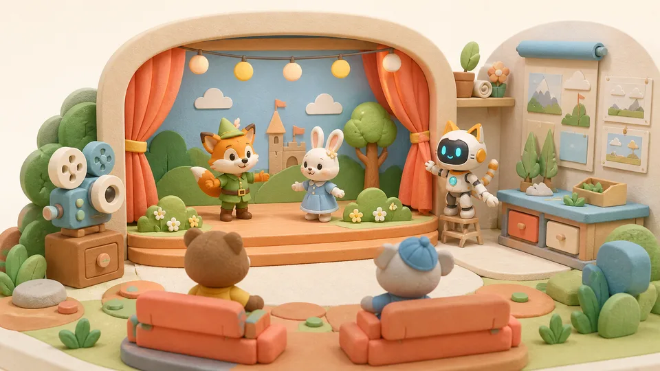 Animal characters rehearsing and testing a story on a small stage