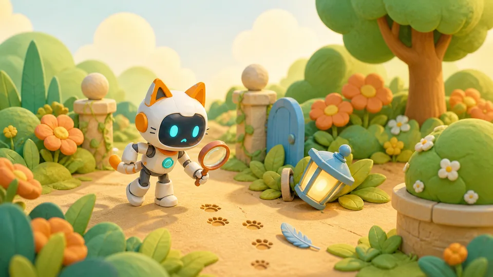 Robot detective examining footprints and clues in a garden