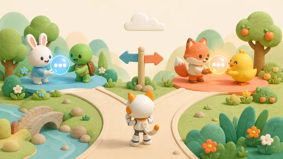 Characters exchanging messages at a branching story path