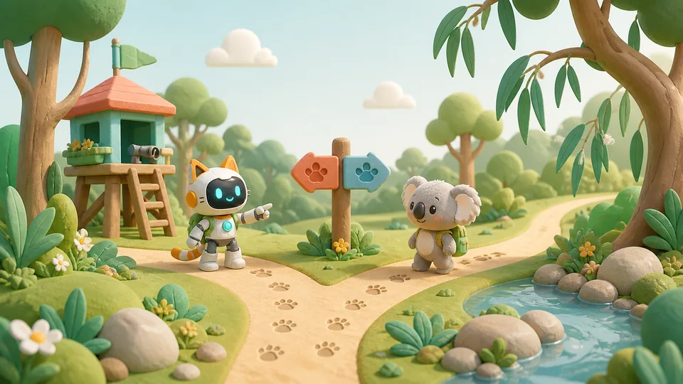 Robot wildlife ranger helping a koala choose a safe forest path