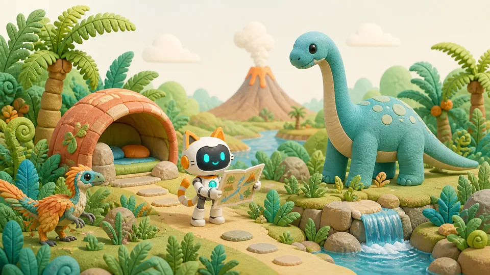 Robot exploring a friendly prehistoric world with dinosaurs