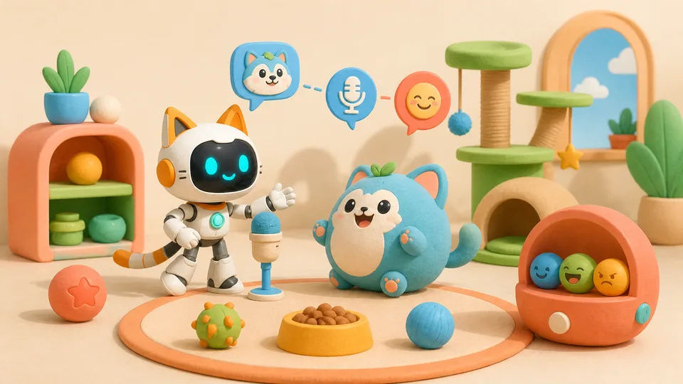 Robot interacting with an original talking pet and mood controls