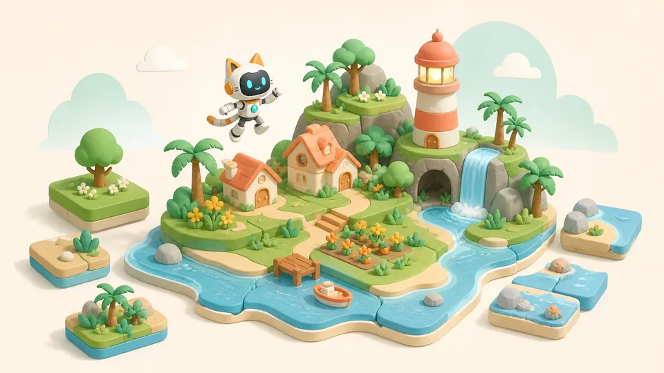 Robot assembling a miniature island with a village and lighthouse