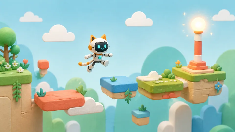 Airbotix robot jumping through an original platform game world