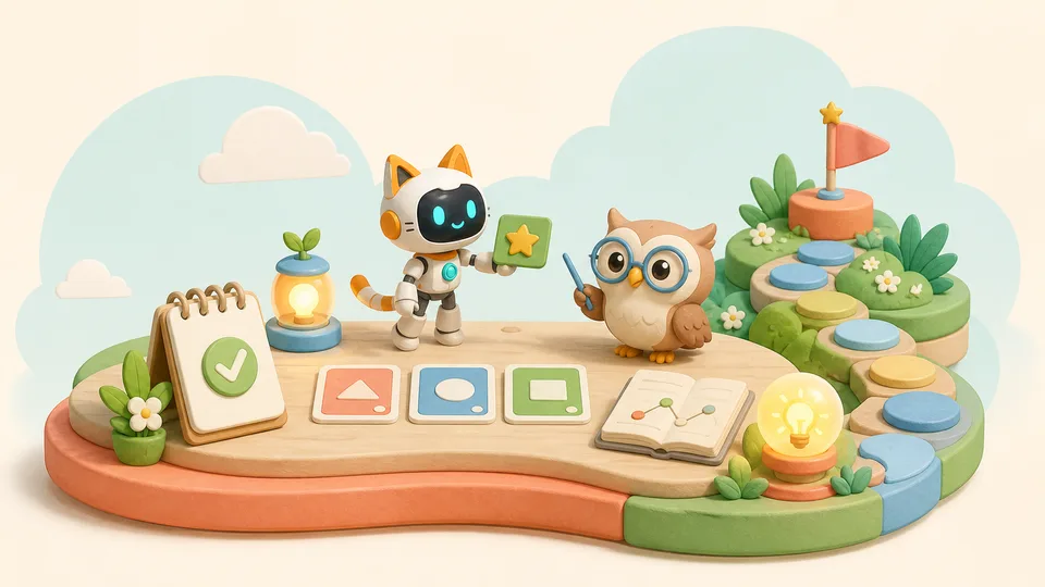 Robot and owl learning buddy arranging quizzes and progress steps