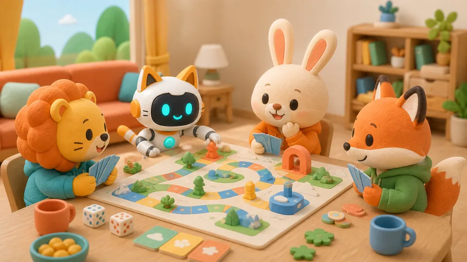 Robot and animal family testing an original board game