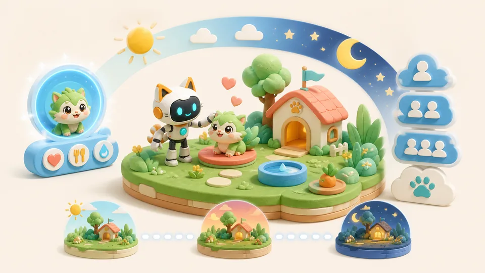 Robot managing a persistent virtual pet habitat and care loop