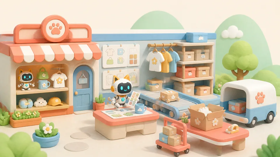 Robot operating an original design shop and simulated order flow