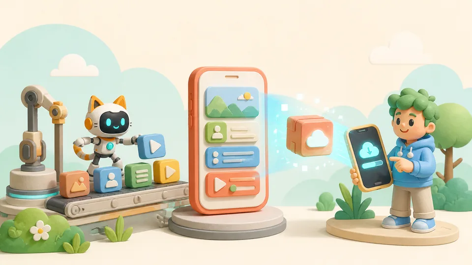 Robot connecting app modules and shipping them to a test phone
