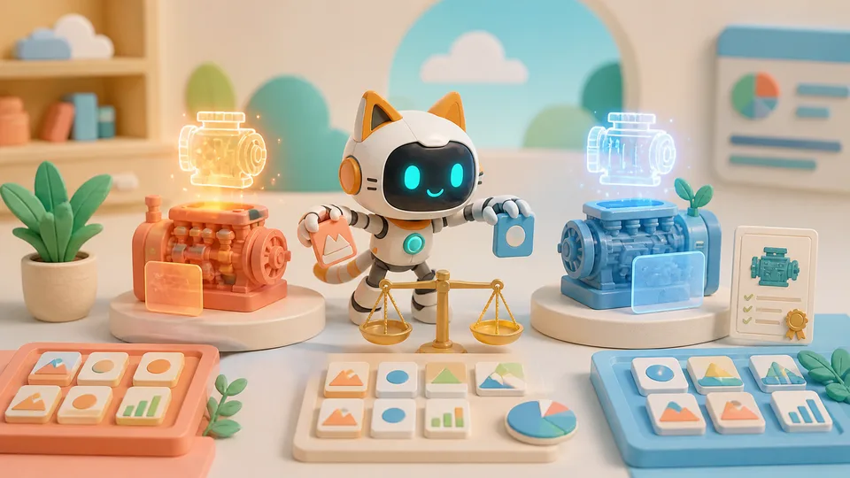 Robot comparing two small AI models with balanced training data