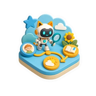 Story Maker robot connecting a character, clue and outcome