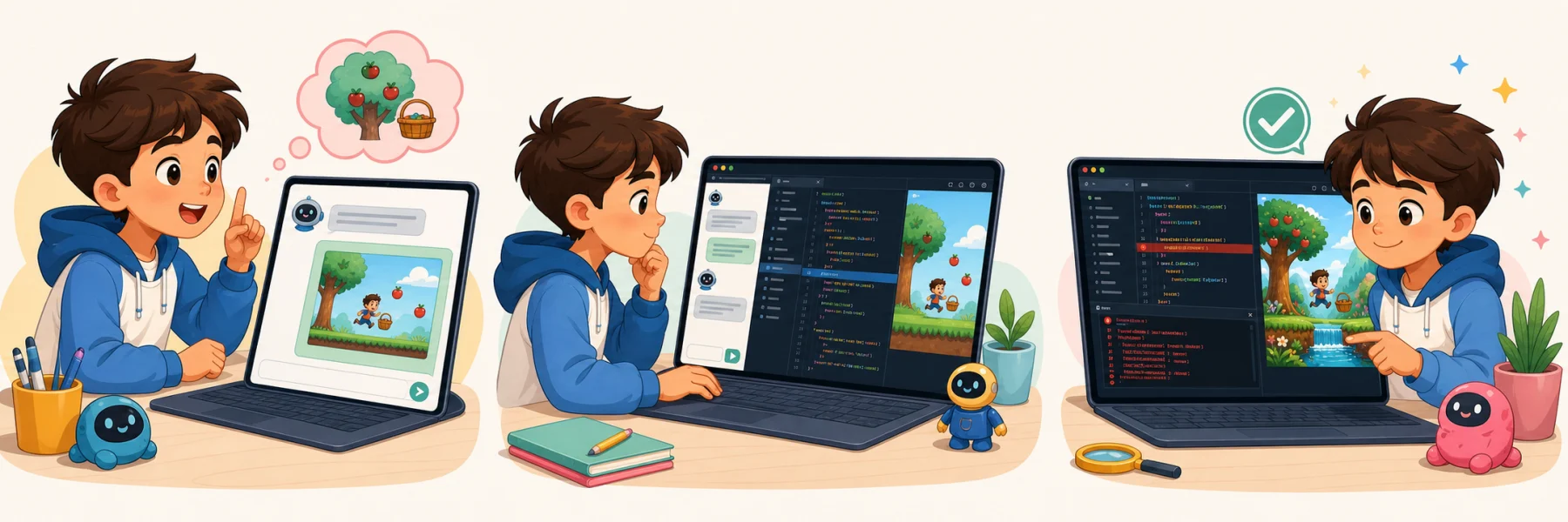 Creative Code Studio: a child progressing through three stages of creative learning