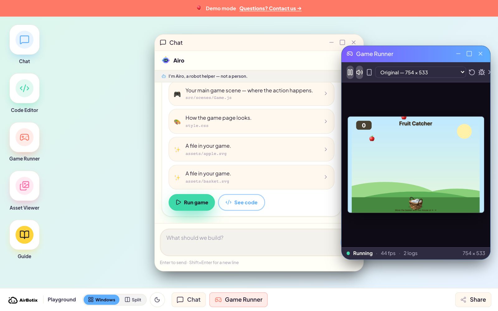 The finished game running beside its code